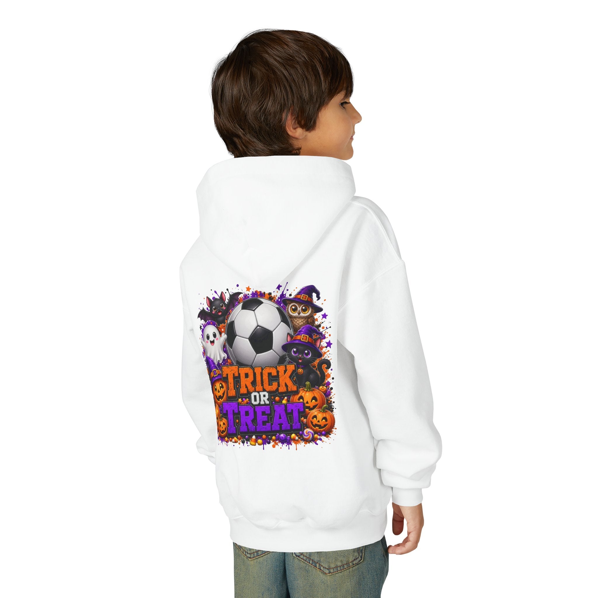 Kids Halloween Soccer Hoodie | Youth Trick or Treat Soccer Pullover | Happy Halloween Soccer Ball Hoodie | Boys Fall Hoodie | Soccer Player Gift