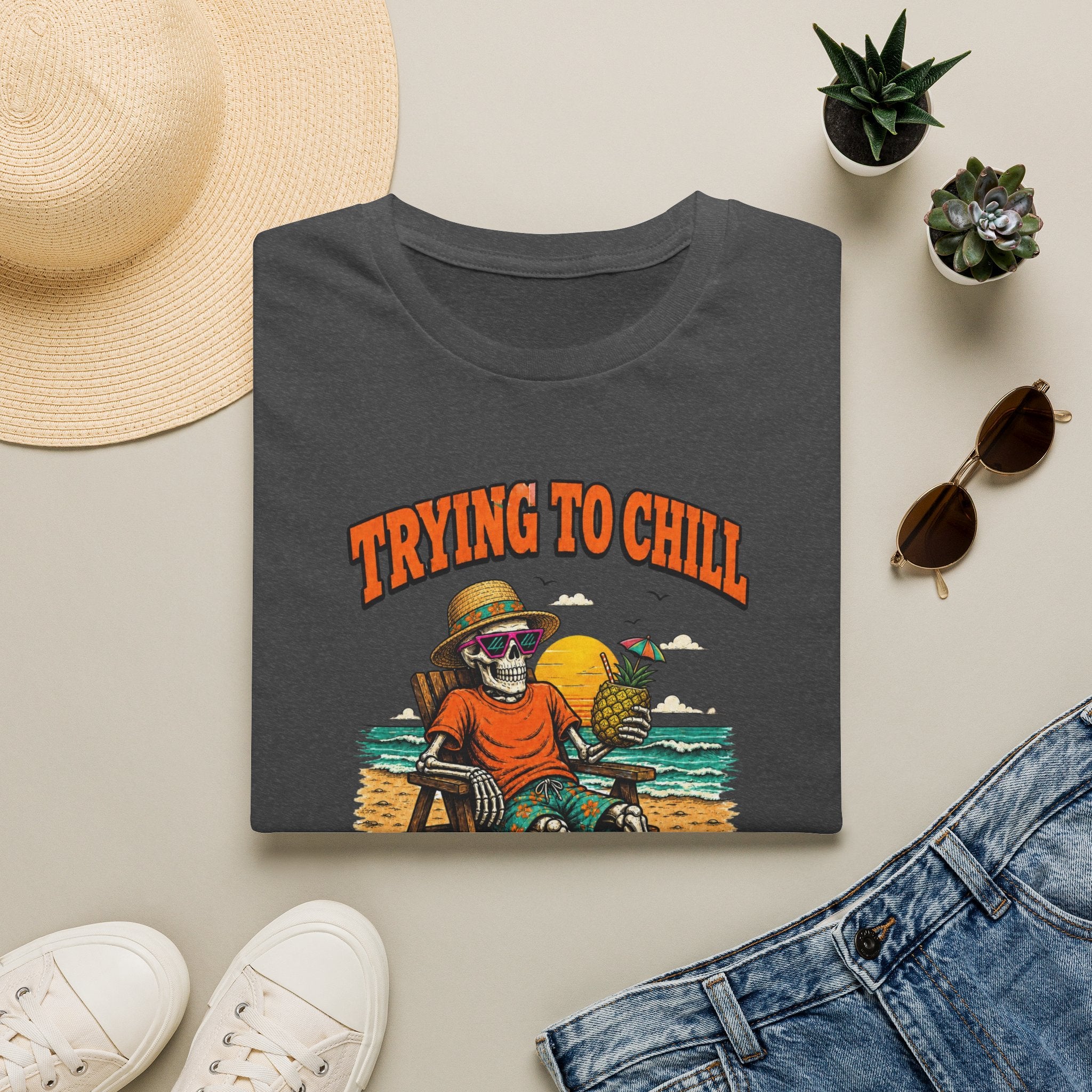 Trying to Chill Before Halloween Shirt, Retro Skeleton Beach T-Shirt, Vintage 80s Halloween Tee, Tropical Halloween Shirt, Unisex