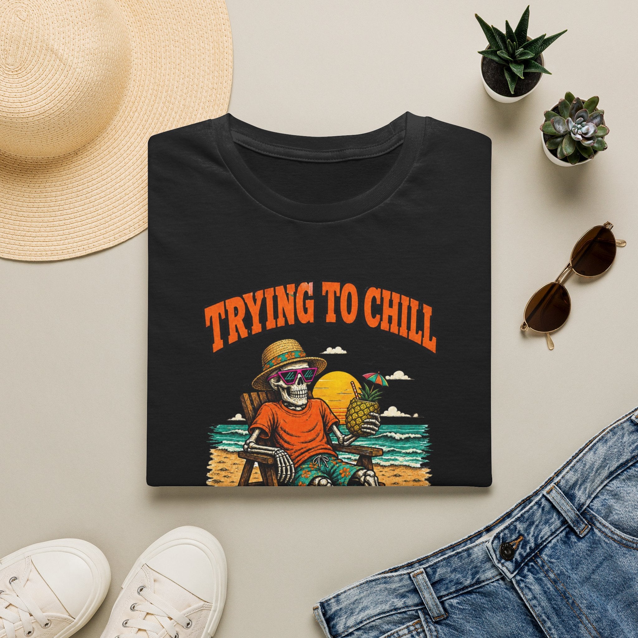 Trying to Chill Before Halloween Shirt, Retro Skeleton Beach T-Shirt, Vintage 80s Halloween Tee, Tropical Halloween Shirt, Unisex