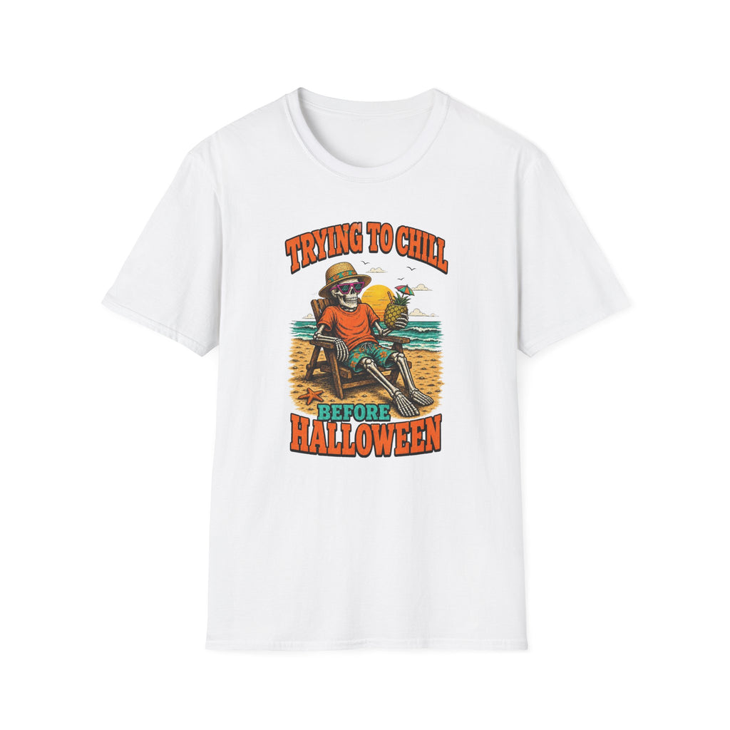 Trying to Chill Before Halloween Shirt, Retro Skeleton Beach T-Shirt, Vintage 80s Halloween Tee, Tropical Halloween Shirt, Unisex