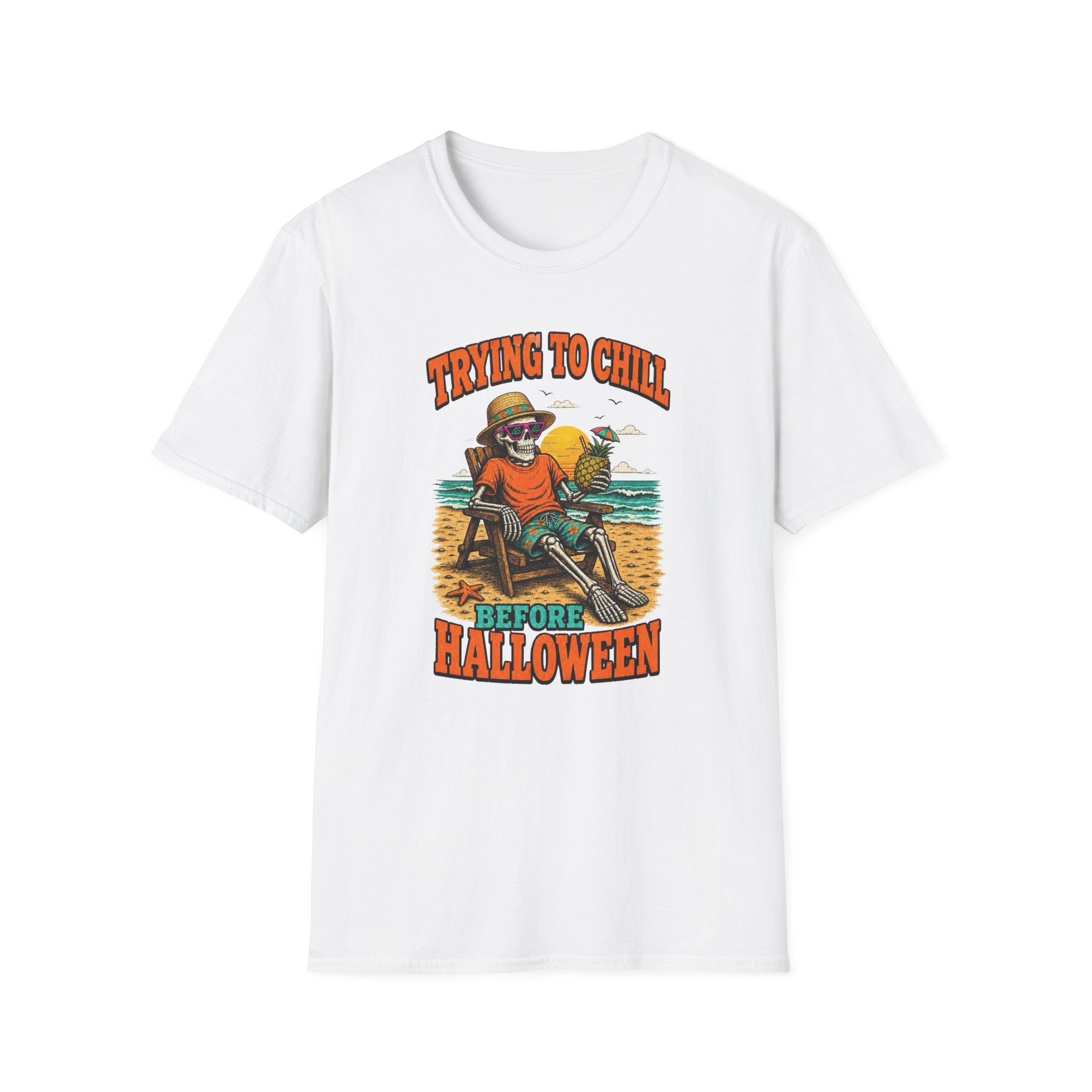 Trying to Chill Before Halloween Shirt, Retro Skeleton Beach T-Shirt, Vintage 80s Halloween Tee, Tropical Halloween Shirt, Unisex