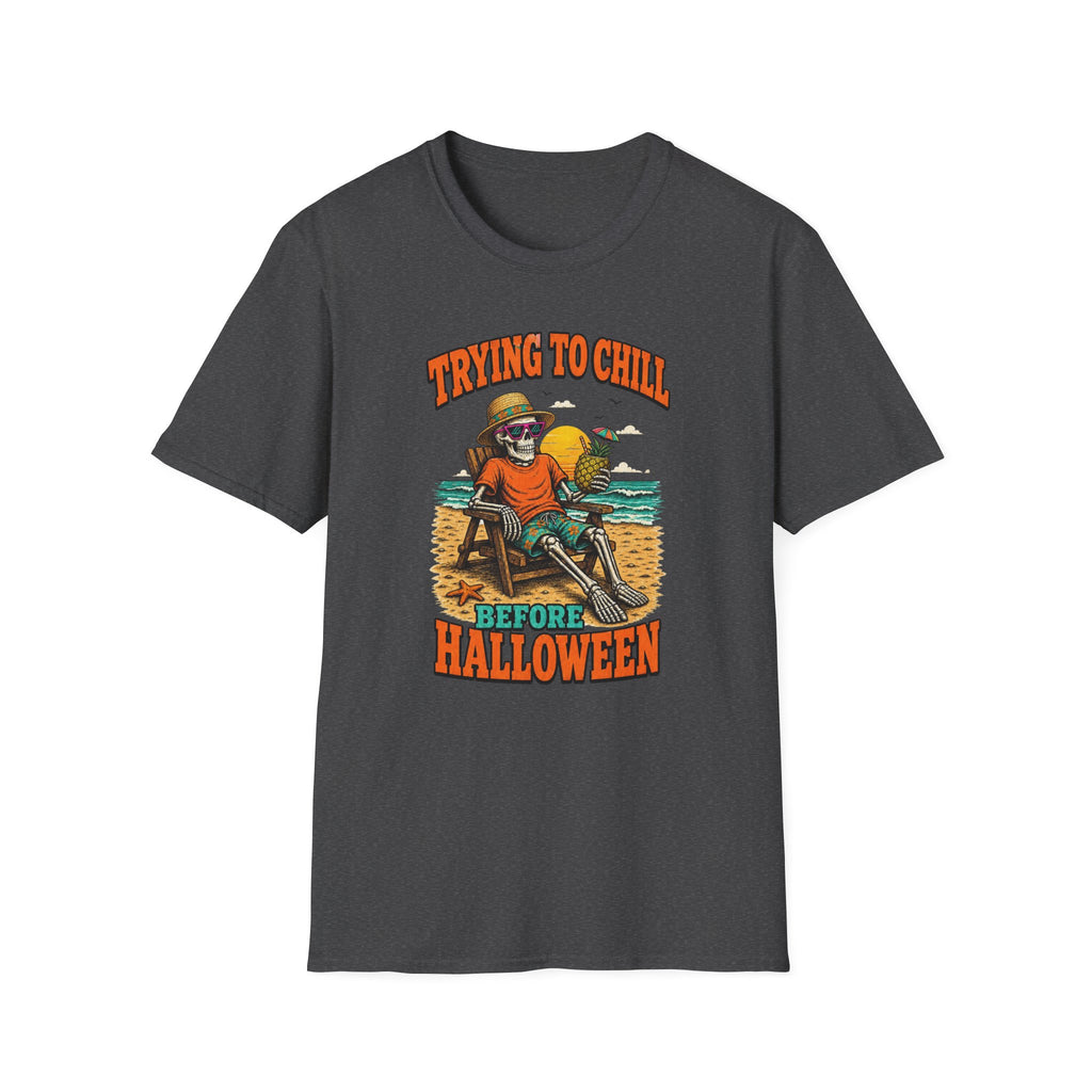 Trying to Chill Before Halloween Shirt, Retro Skeleton Beach T-Shirt, Vintage 80s Halloween Tee, Tropical Halloween Shirt, Unisex
