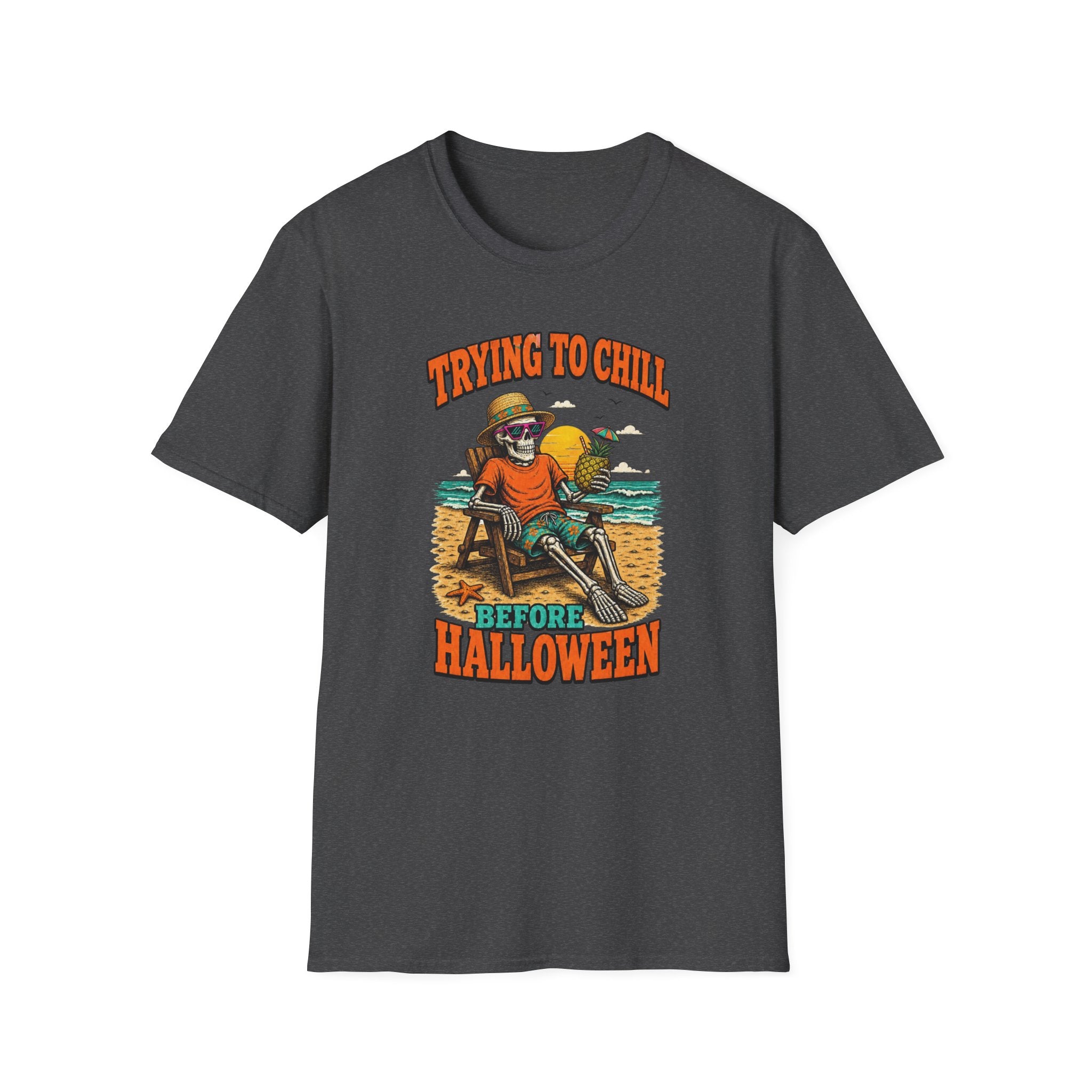Trying to Chill Before Halloween Shirt, Retro Skeleton Beach T-Shirt, Vintage 80s Halloween Tee, Tropical Halloween Shirt, Unisex