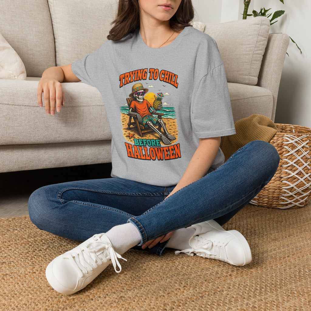 Trying to Chill Before Halloween Shirt, Retro Skeleton Beach T-Shirt, Vintage 80s Halloween Tee, Tropical Halloween Shirt, Unisex