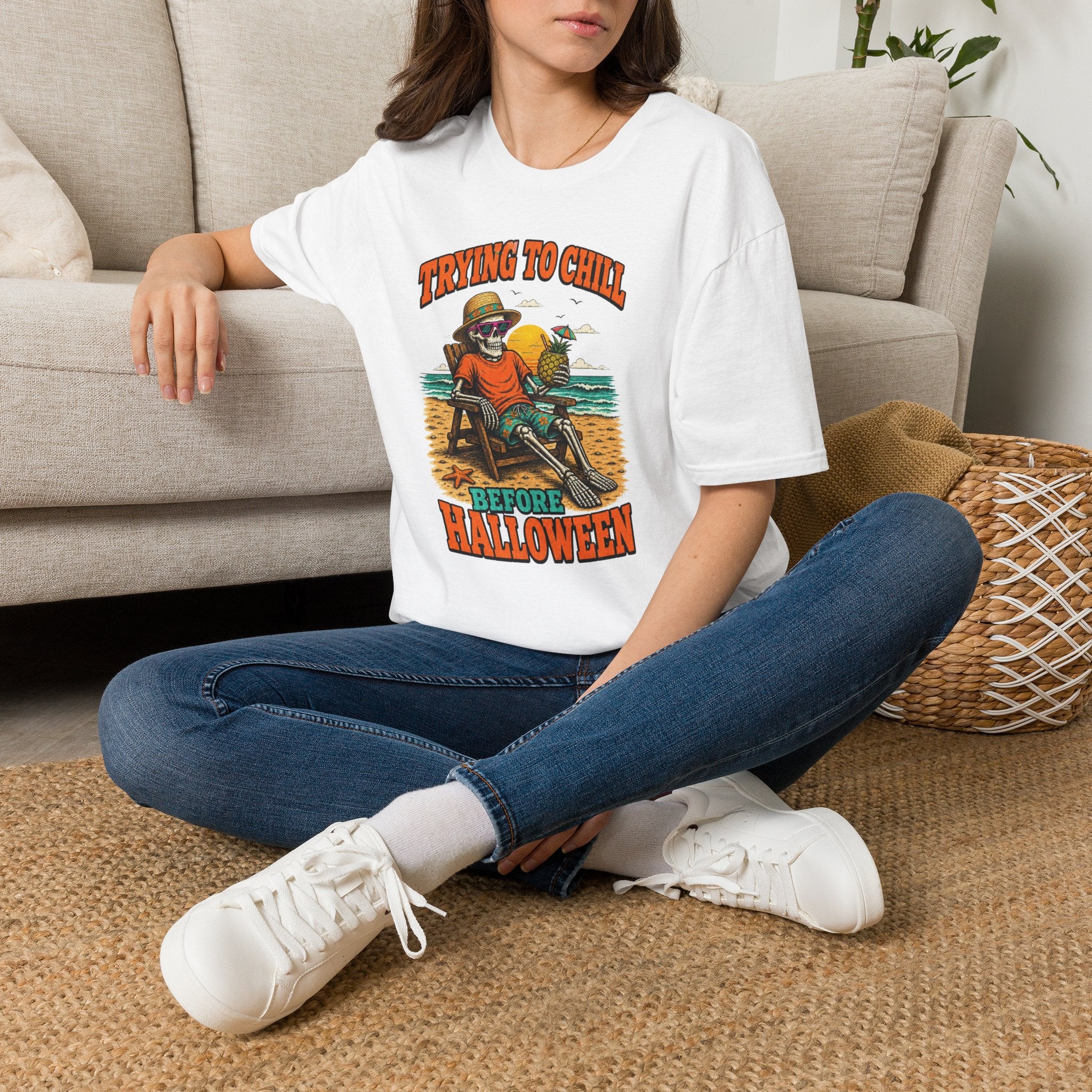 Trying to Chill Before Halloween Shirt, Retro Skeleton Beach T-Shirt, Vintage 80s Halloween Tee, Tropical Halloween Shirt, Unisex