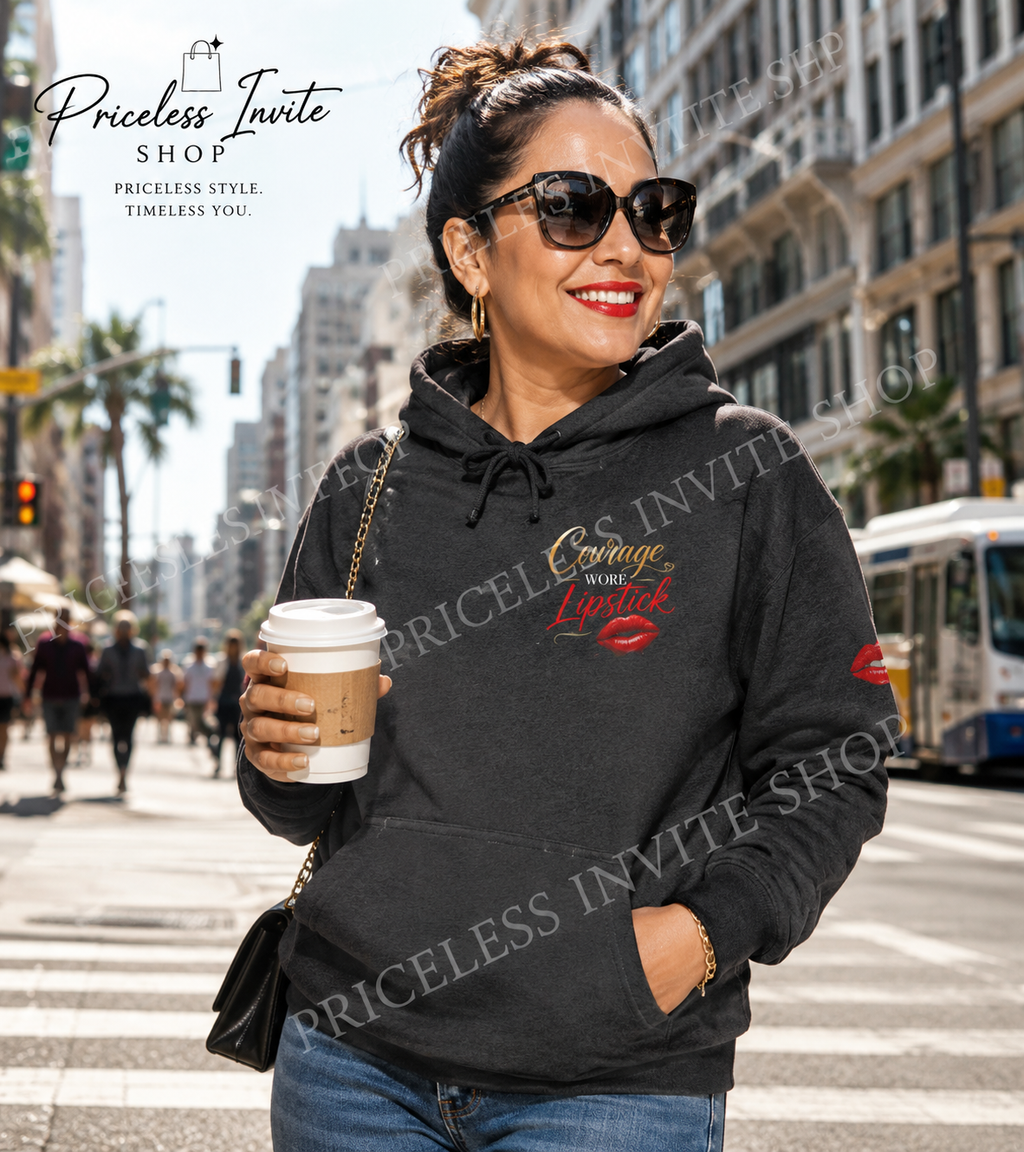Inspirational Women's Hoodie – Courage Wore Lipstick – Positive Quote Sweatshirt – Unisex Heavy Blend Hoodie