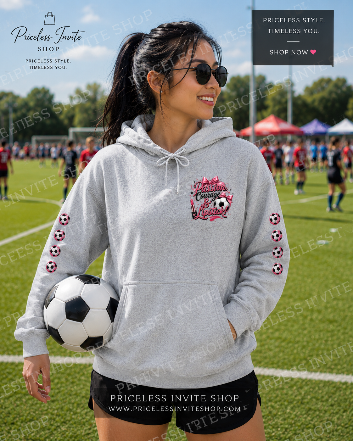 Inspirational Soccer Mom Hoodie, Passion Courage & Lipstick Hoodie, Women's Graphic Sweatshirt, Soccer Fan Gift
