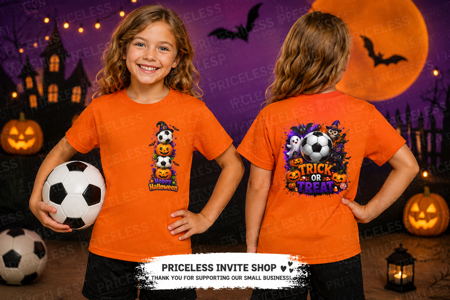 Kids Halloween Soccer Shirt | Trick or Treat Soccer T-Shirt | Youth Halloween Soccer Tee | Cute Ghost Pumpkin Soccer Shirt | Front & Back Graphic | Boys & Girls