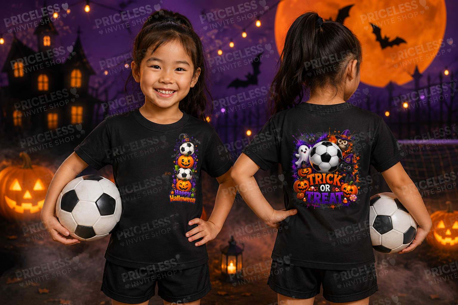 Kids Halloween Soccer Shirt | Trick or Treat Soccer T-Shirt | Youth Halloween Soccer Tee | Cute Ghost Pumpkin Soccer Shirt | Front & Back Graphic | Boys & Girls