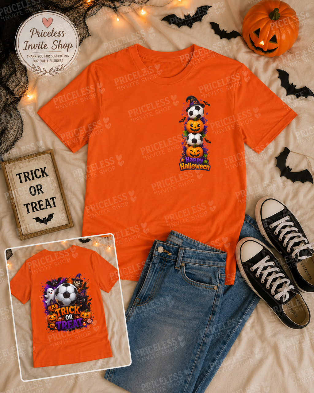 Kids Halloween Soccer Shirt | Trick or Treat Soccer T-Shirt | Youth Halloween Soccer Tee | Cute Ghost Pumpkin Soccer Shirt | Front & Back Graphic | Boys & Girls