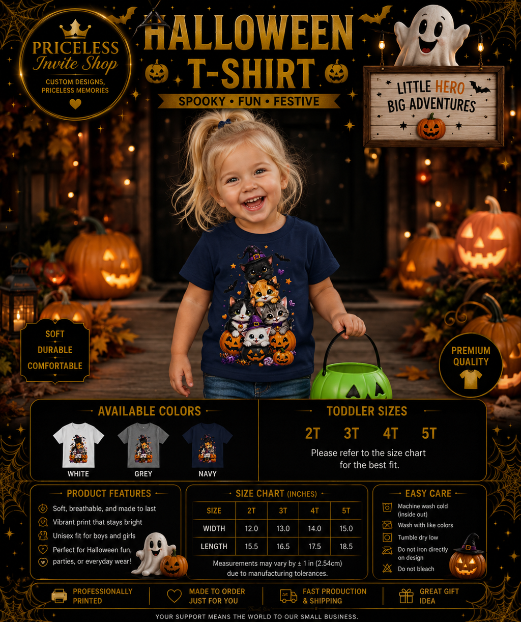 Cute Halloween Cat Toddler Girl Shirt, Trick or Treat T-Shirt, Spooky Kitten Pumpkin Tee, Girls Halloween Outfit, Cute Fall Shirt, 2T-5T