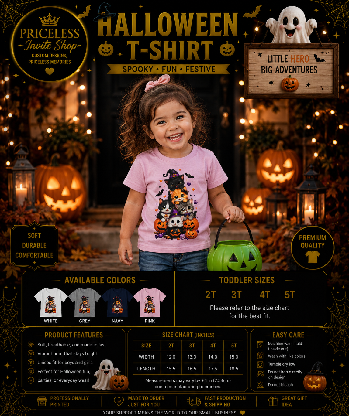 Cute Halloween Cat Toddler Girl Shirt, Trick or Treat T-Shirt, Spooky Kitten Pumpkin Tee, Girls Halloween Outfit, Cute Fall Shirt, 2T-5T