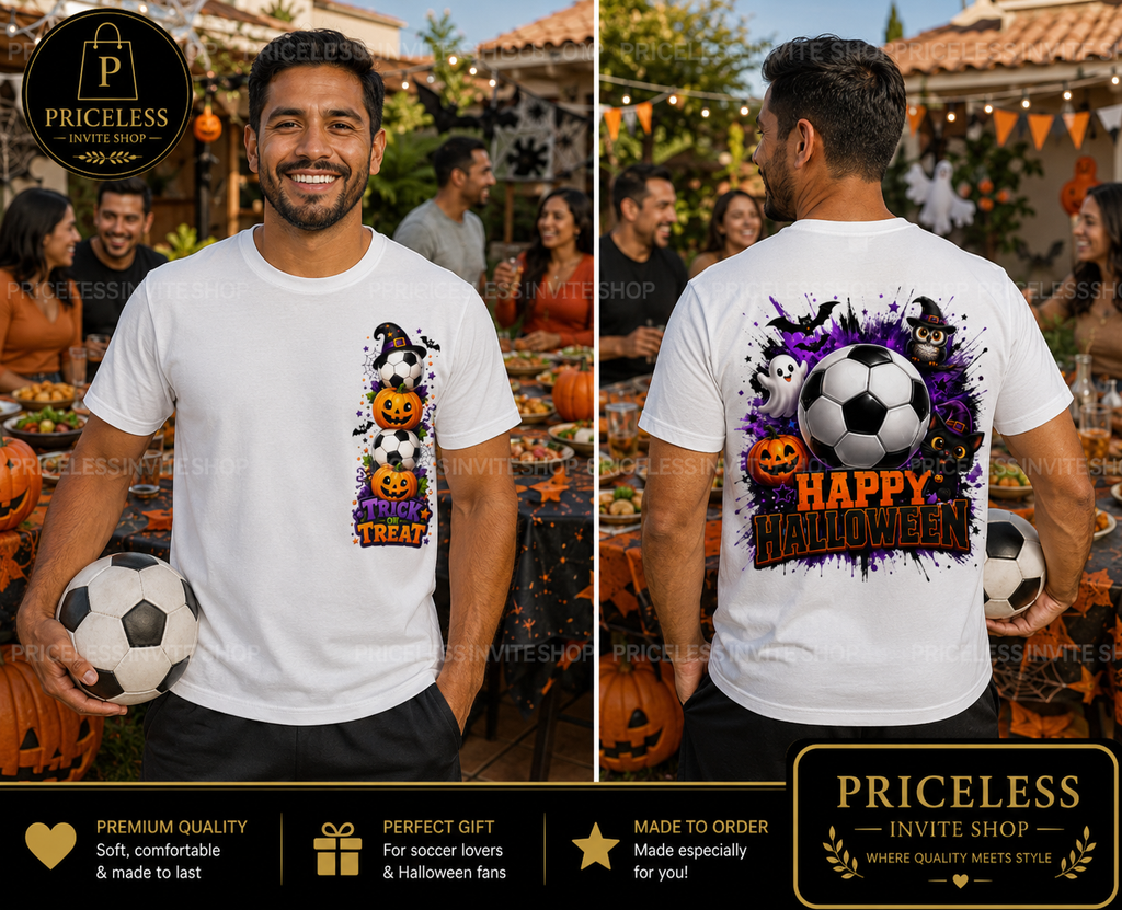 Happy Halloween Soccer Shirt | Adult Halloween Soccer Ball T-Shirt | Soccer Player Gift | Adult Halloween Soccer Ball T-Shirt | Front & Back Design