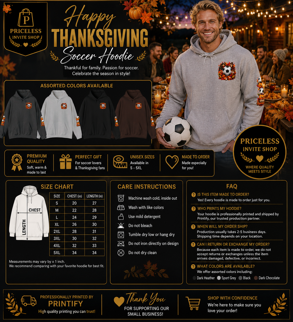 Thanksgiving Soccer Hoodie | Fall Soccer Pullover | Autumn Soccer Ball Hoodie | Cozy Unisex Hooded Sweatshirt | Soccer Fan Gift