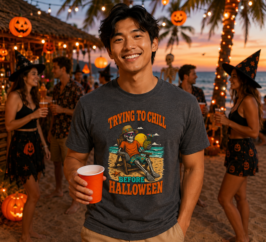 Trying to Chill Before Halloween Shirt, Retro Skeleton Beach T-Shirt, Vintage 80s Halloween Tee, Tropical Halloween Shirt, Unisex