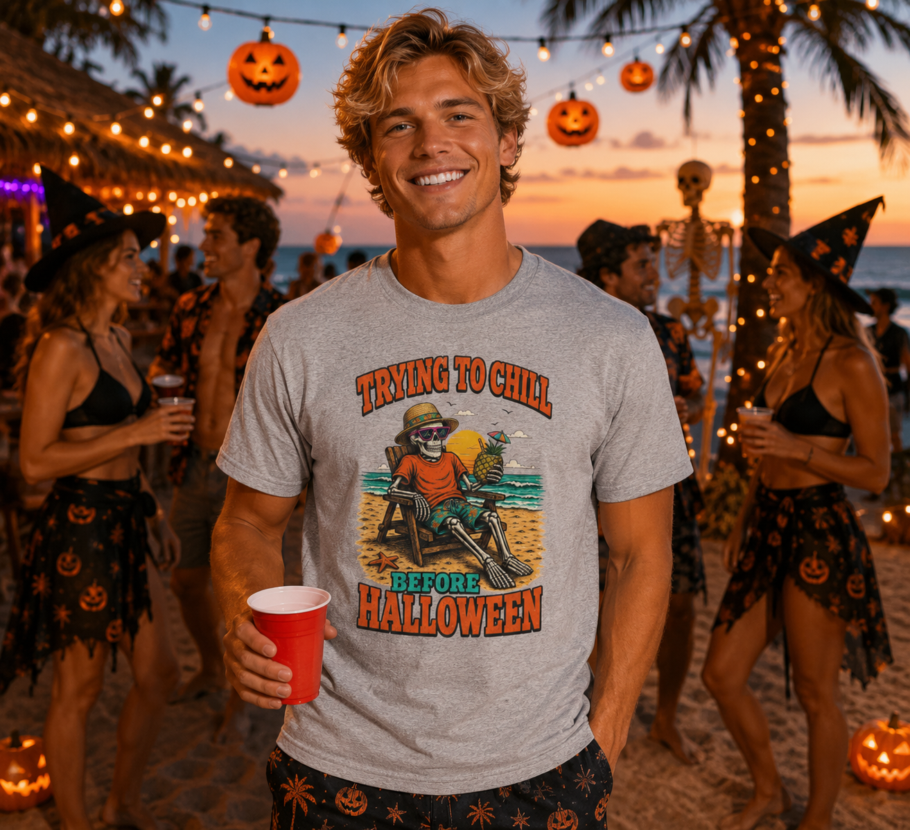 Trying to Chill Before Halloween Shirt, Retro Skeleton Beach T-Shirt, Vintage 80s Halloween Tee, Tropical Halloween Shirt, Unisex