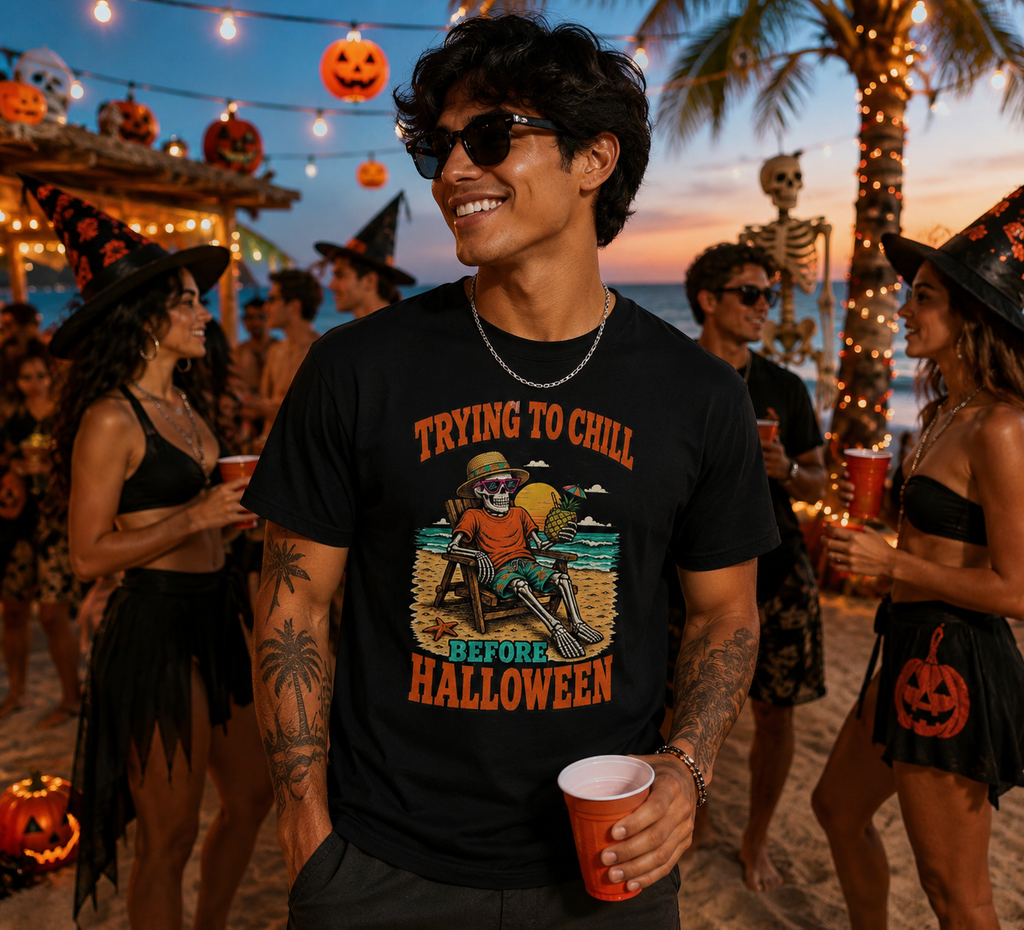 Trying to Chill Before Halloween Shirt, Retro Skeleton Beach T-Shirt, Vintage 80s Halloween Tee, Tropical Halloween Shirt, Unisex