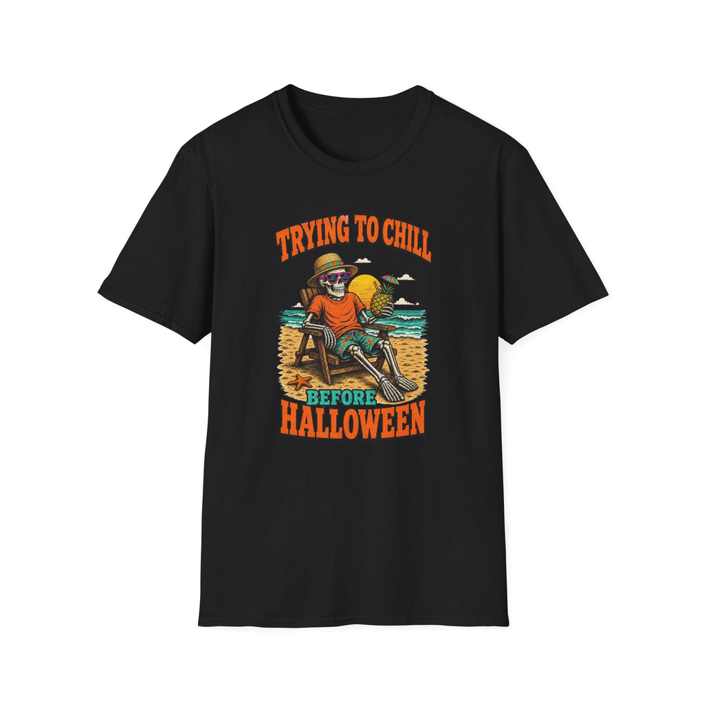 Trying to Chill Before Halloween Shirt, Retro Skeleton Beach T-Shirt, Vintage 80s Halloween Tee, Tropical Halloween Shirt, Unisex