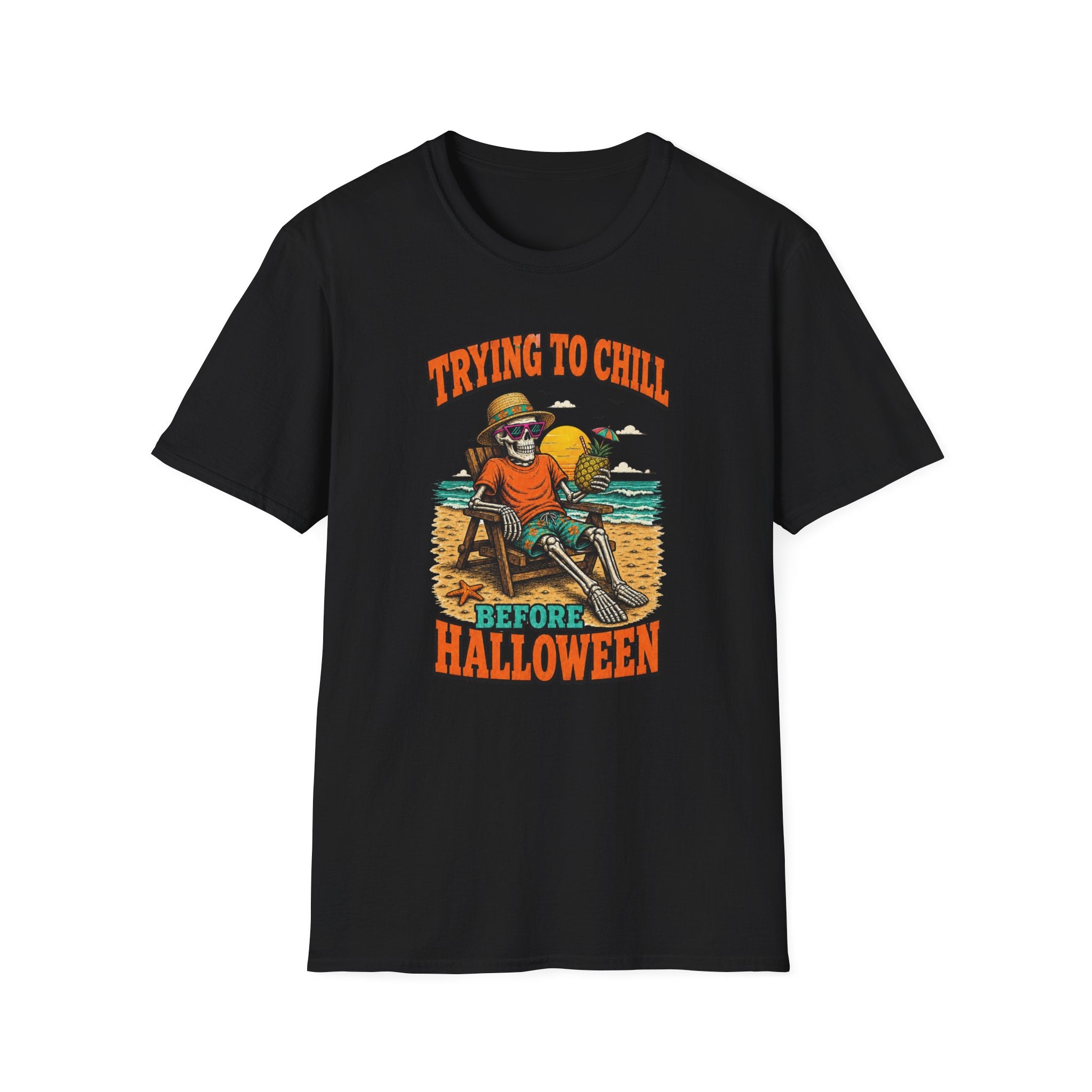 Trying to Chill Before Halloween Shirt, Retro Skeleton Beach T-Shirt, Vintage 80s Halloween Tee, Tropical Halloween Shirt, Unisex