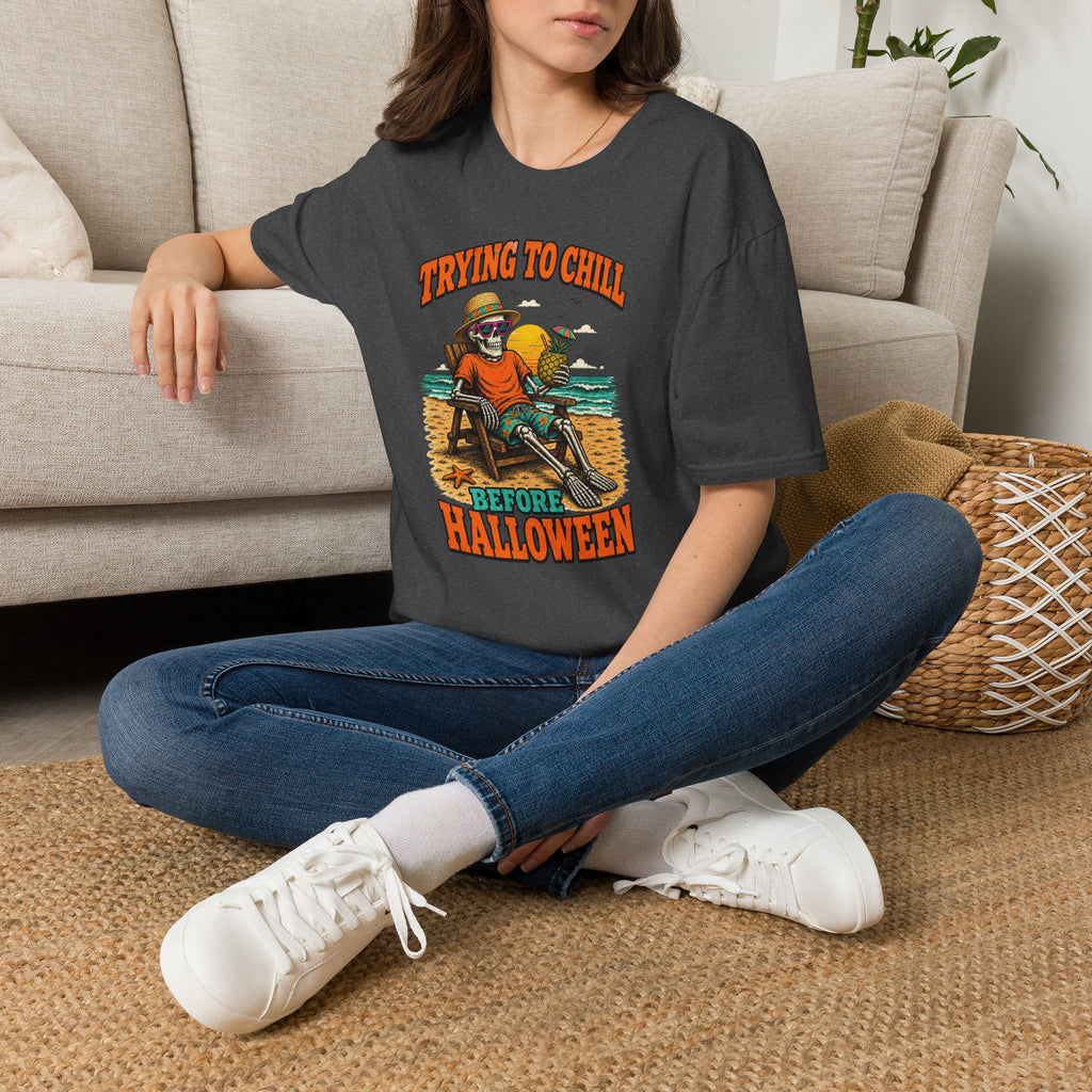 Trying to Chill Before Halloween Shirt, Retro Skeleton Beach T-Shirt, Vintage 80s Halloween Tee, Tropical Halloween Shirt, Unisex