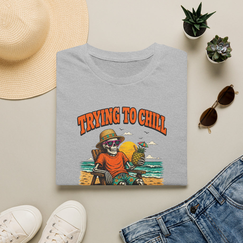 Trying to Chill Before Halloween Shirt, Retro Skeleton Beach T-Shirt, Vintage 80s Halloween Tee, Tropical Halloween Shirt, Unisex