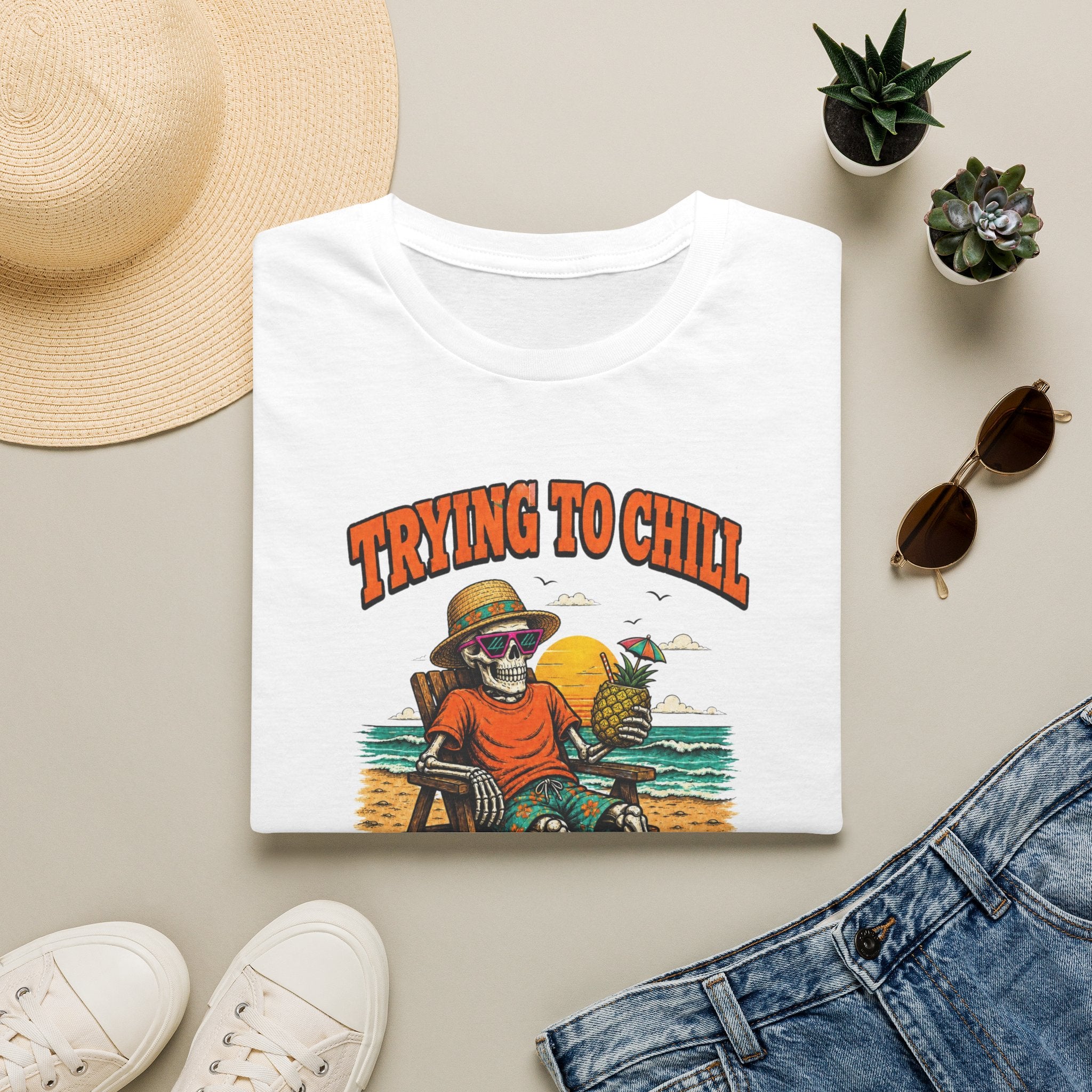 Trying to Chill Before Halloween Shirt, Retro Skeleton Beach T-Shirt, Vintage 80s Halloween Tee, Tropical Halloween Shirt, Unisex
