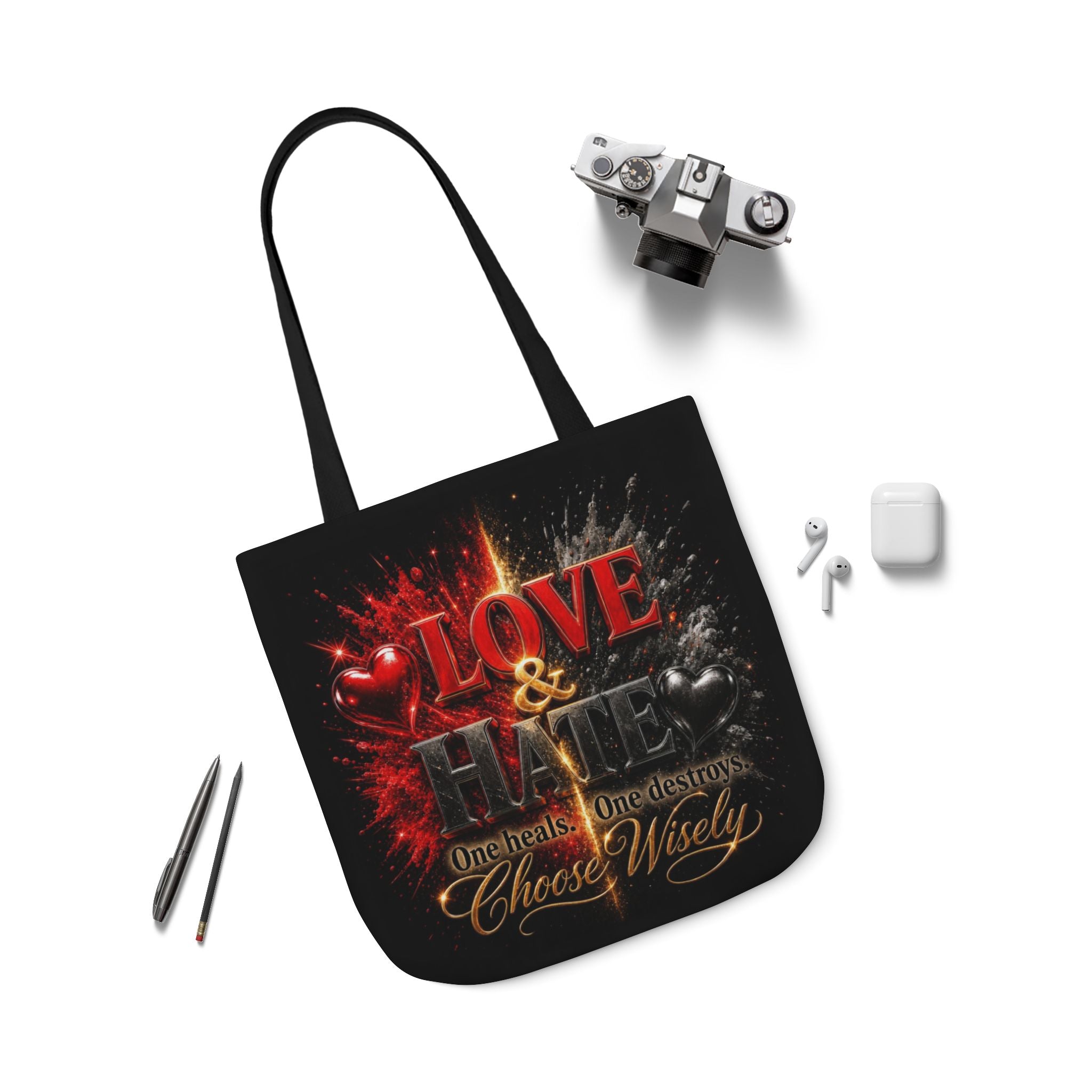 LOVE/HATE Canvas Tote Bag, 5-Color Straps