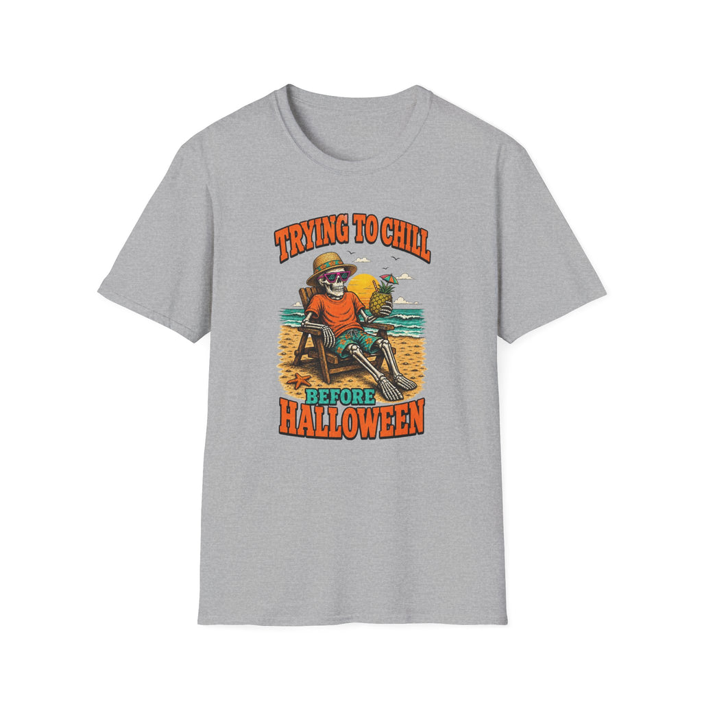 Trying to Chill Before Halloween Shirt, Retro Skeleton Beach T-Shirt, Vintage 80s Halloween Tee, Tropical Halloween Shirt, Unisex
