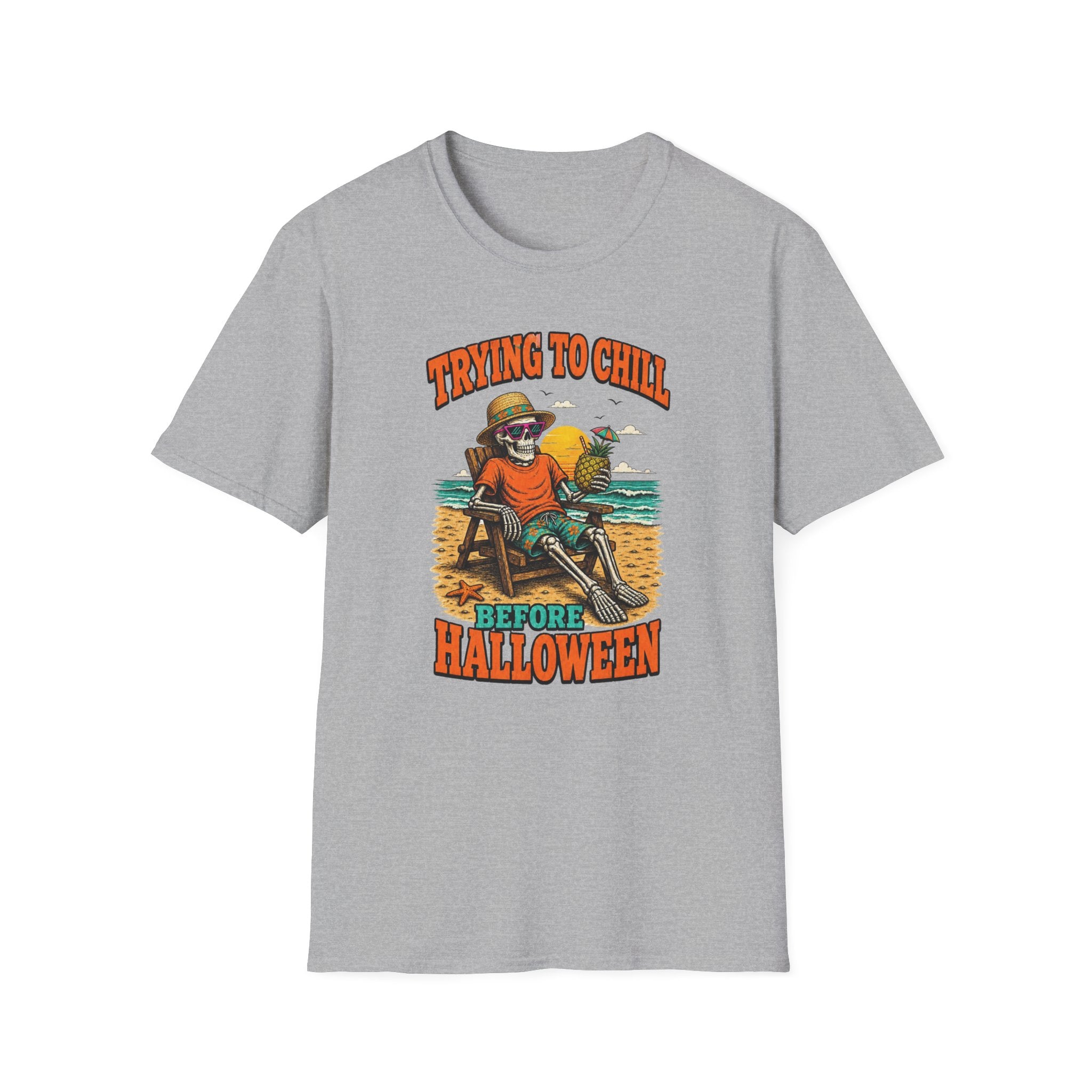 Trying to Chill Before Halloween Shirt, Retro Skeleton Beach T-Shirt, Vintage 80s Halloween Tee, Tropical Halloween Shirt, Unisex